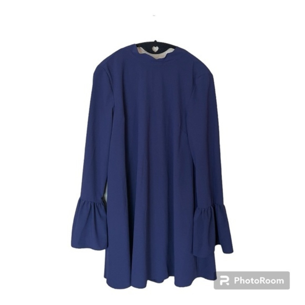 Lulu’s Navy Short Dress with Long Bell Sleeve V Opening in Back With Bow Small
